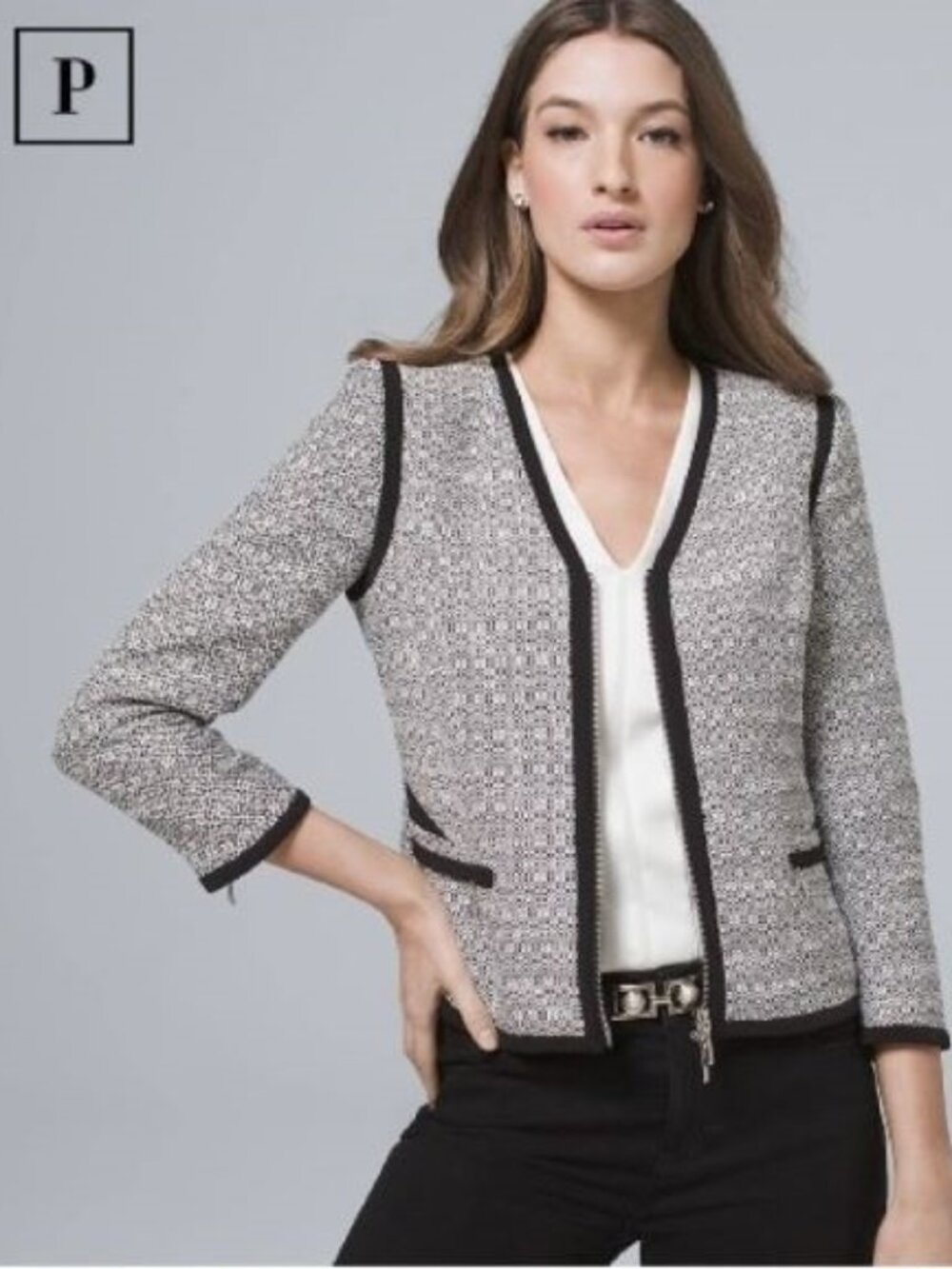 White House Black Market Contrast Tweed Zip Front Jacket Size 4P